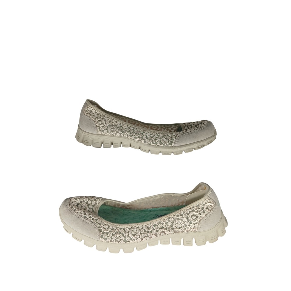 Skechers Memory Foam Lace Flats 9 Natural Beige Crochet Boho Walking 22836